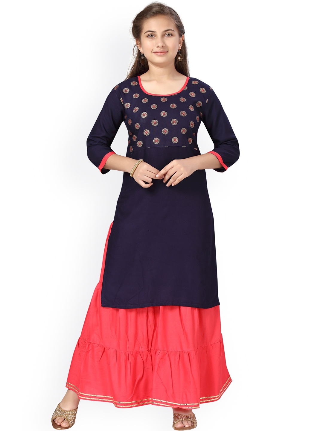 

Aarika Girls Ethnic Motifs Printed Pure Cotton Kurta with Sharara, Navy blue