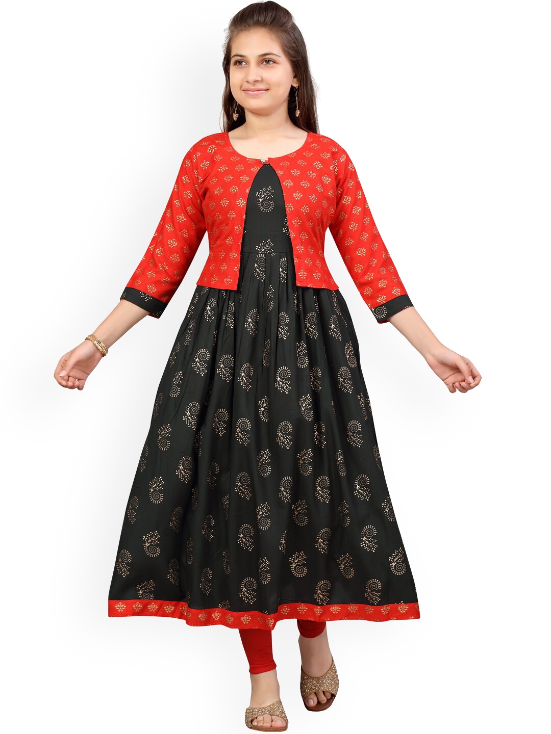 

Aarika Girls Red & Black Ethnic Motifs Printed Anarkali Kurta