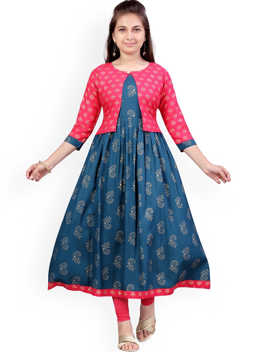 

Aarika Girls Pink & Blue Ethnic Motifs Printed Flared Sleeves Anarkali Kurta