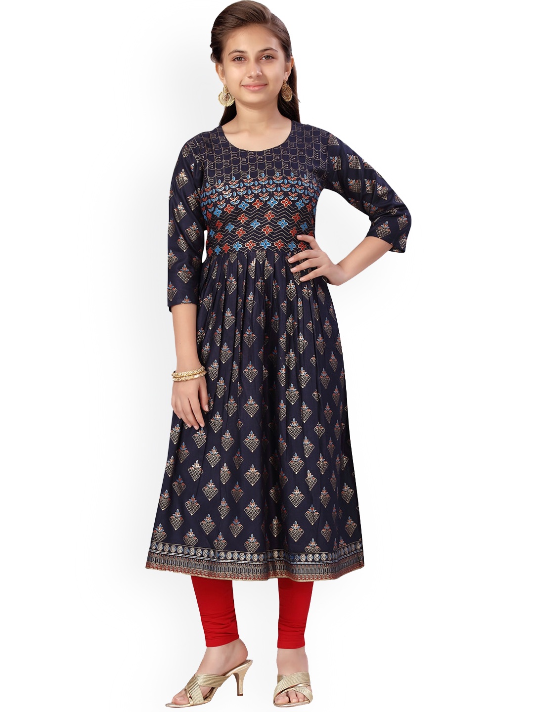 

Aarika Girls Navy Blue Ethnic Motifs Printed Anarkali Kurta