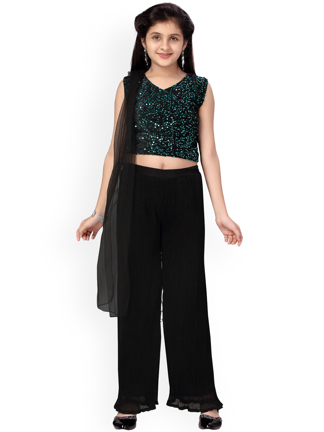

Aarika Girls Green Pleated Pure Cotton Kurti with Salwar