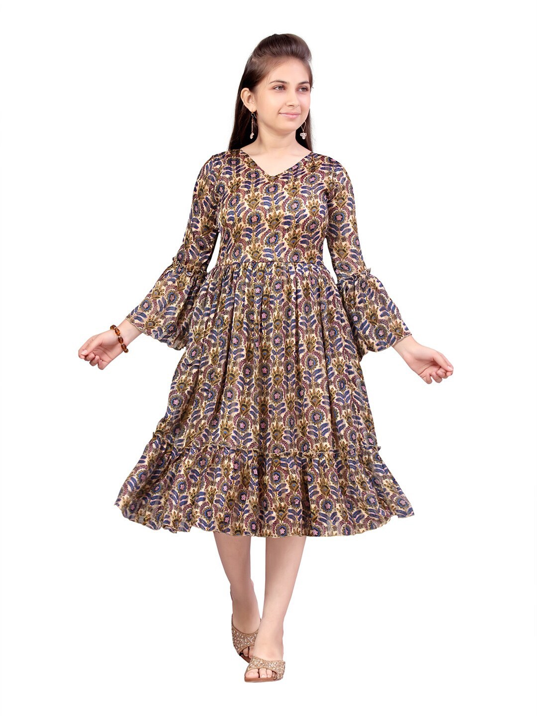 

Aarika Girls Beige & Blue Floral Midi Dress