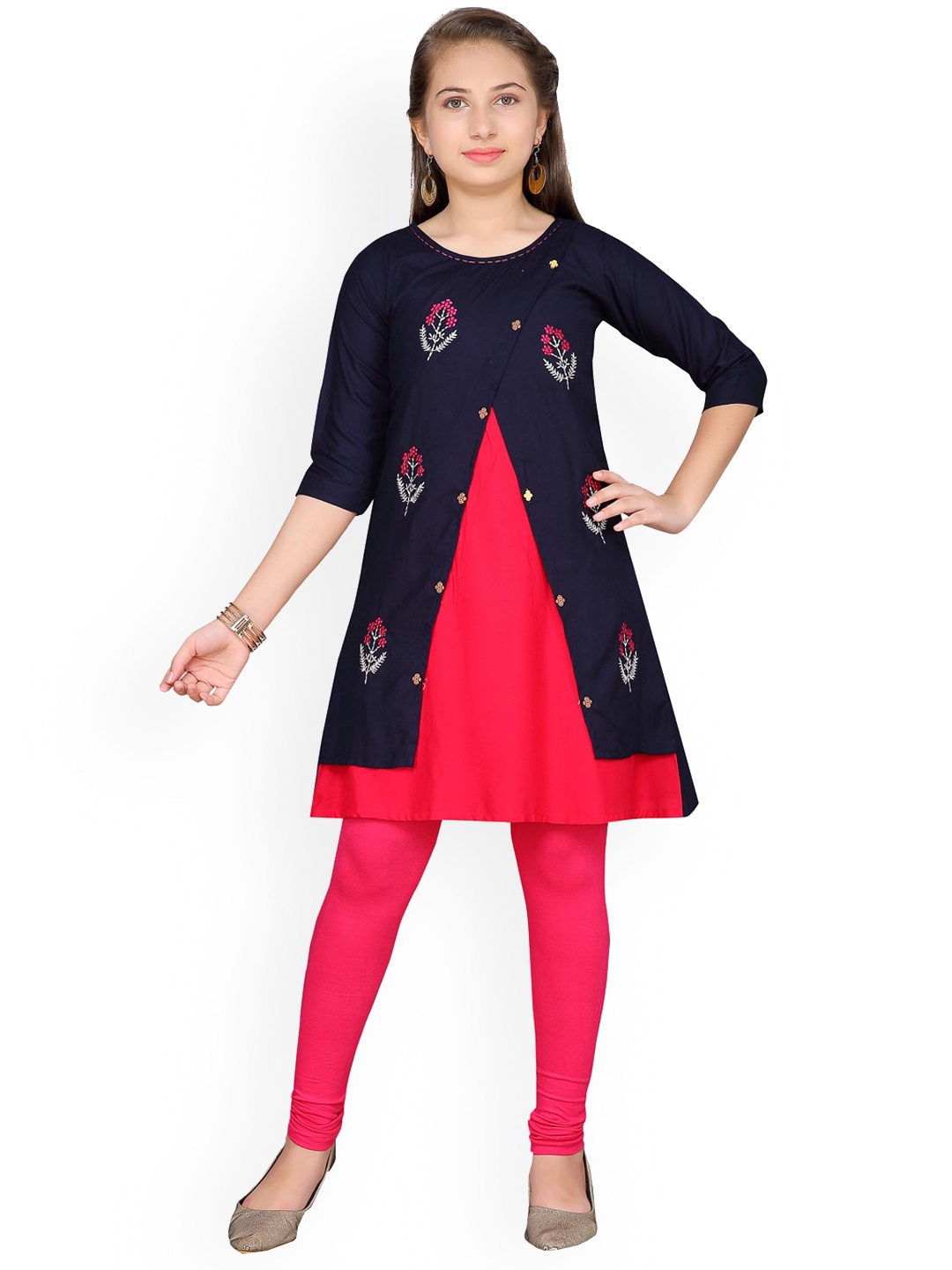 

Aarika Girls Floral Embroidered Layered Pure Cotton Kurti legging set, Navy blue