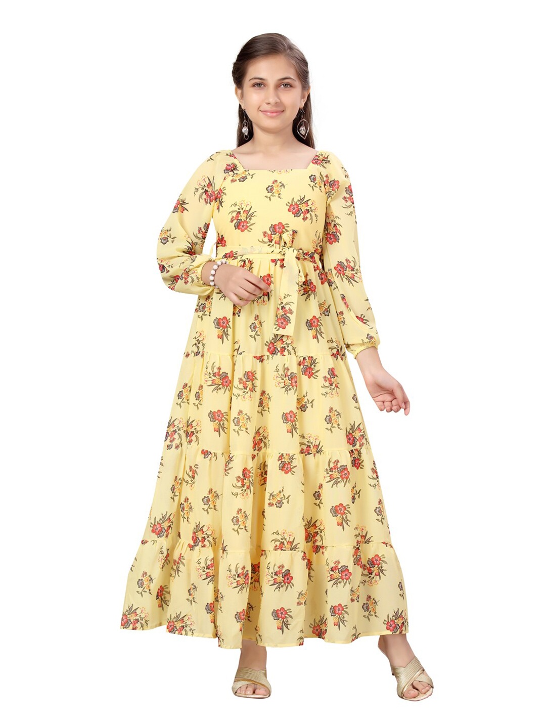 

Aarika Girls Yellow Floral Printed Georgette Maxi Dress