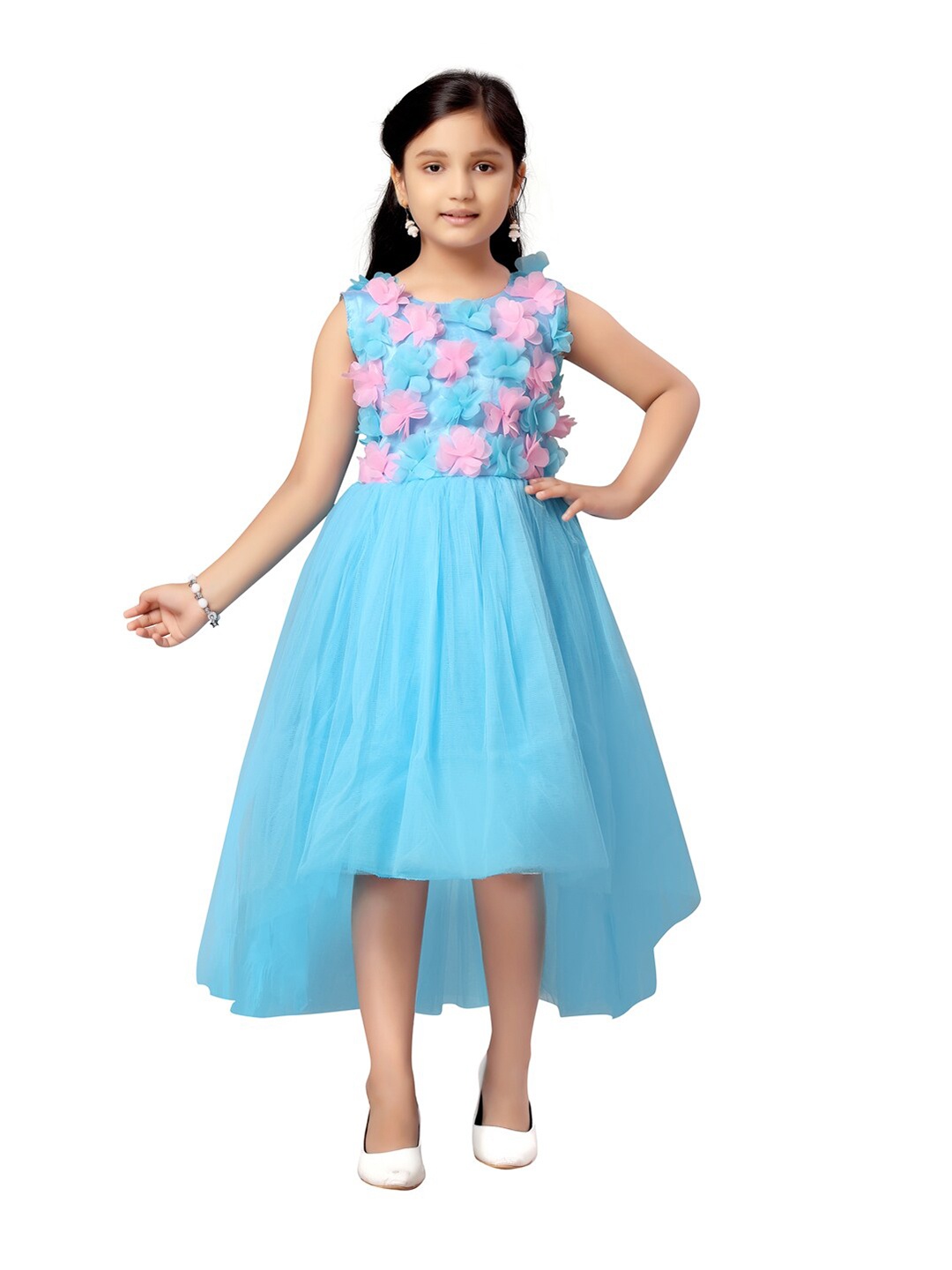 

Aarika Turquoise Blue Floral Net A-Line Dress