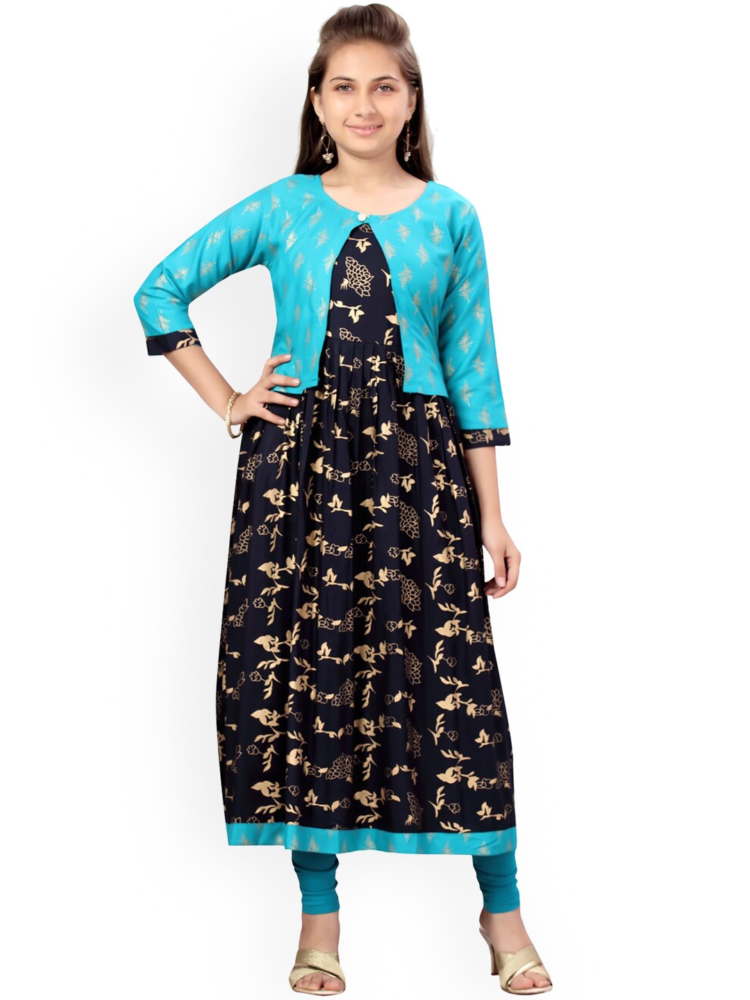 

Aarika Girls Black & Turquoise Blue Ethnic Motifs Printed Cotton Thread Work Kurta