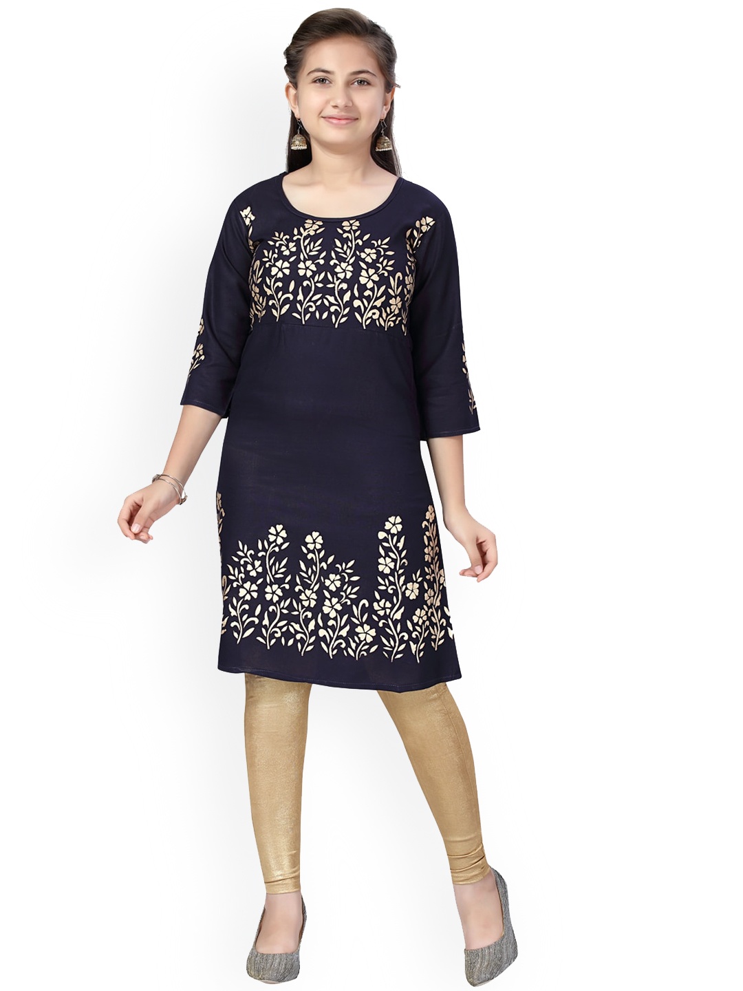 

Aarika Girls Navy Blue Floral Embroidered Pure Cotton Kurti with Churidar