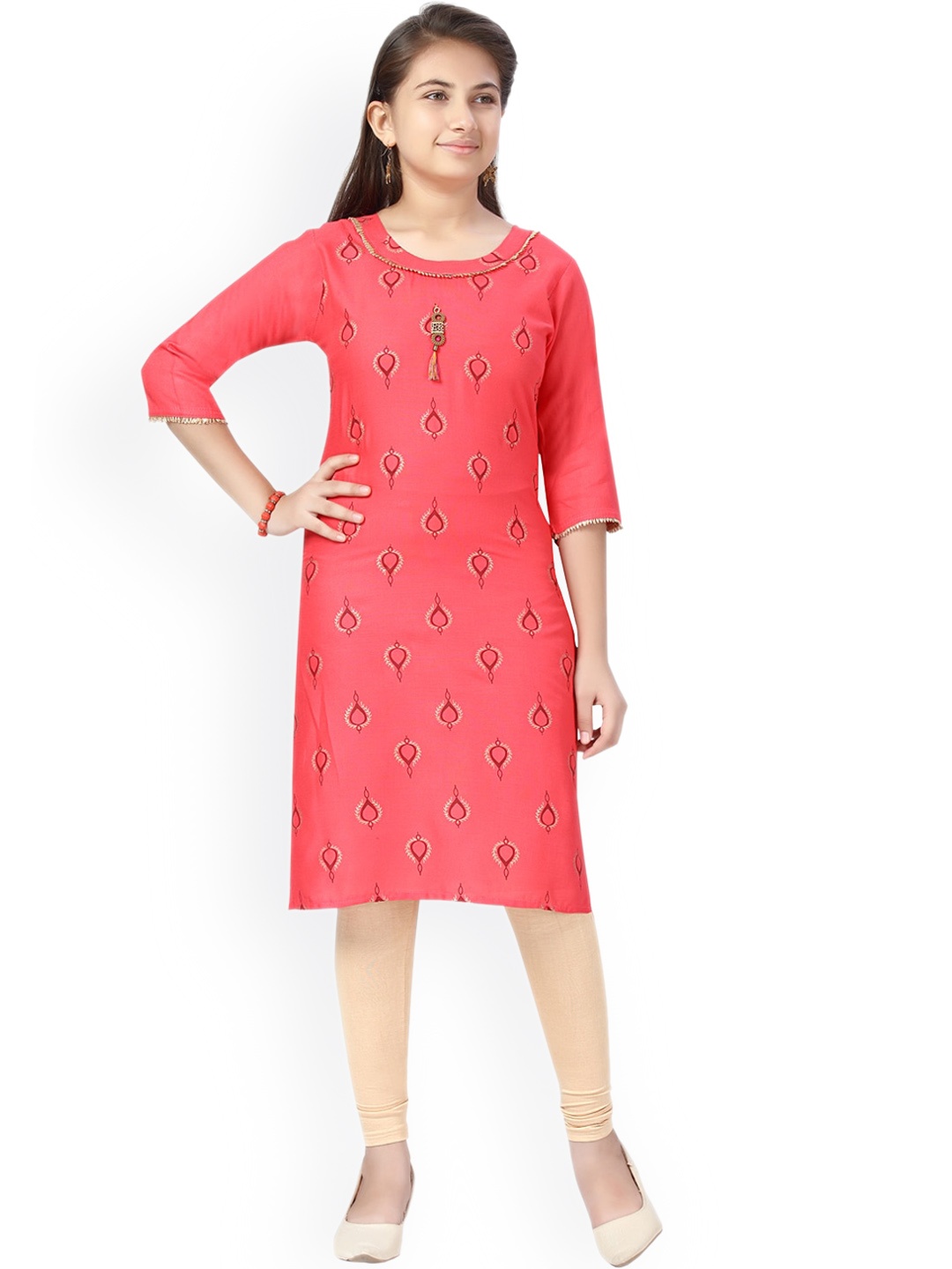 

Aarika Girls Ethnic Motifs Printed Pure Cotton Kurta Set, Coral