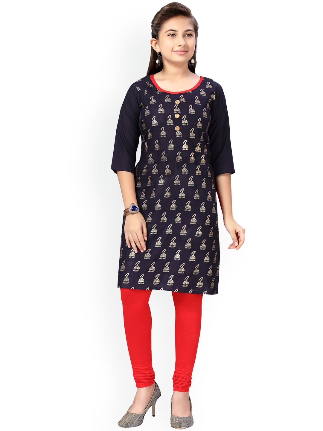 

Aarika Girls Navy Blue Ethnic Motifs Printed Pure Cotton Kurta with Churidar