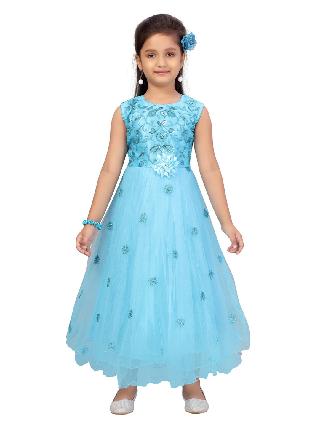 

Aarika Girls Blue Embellished Net Maxi Dress