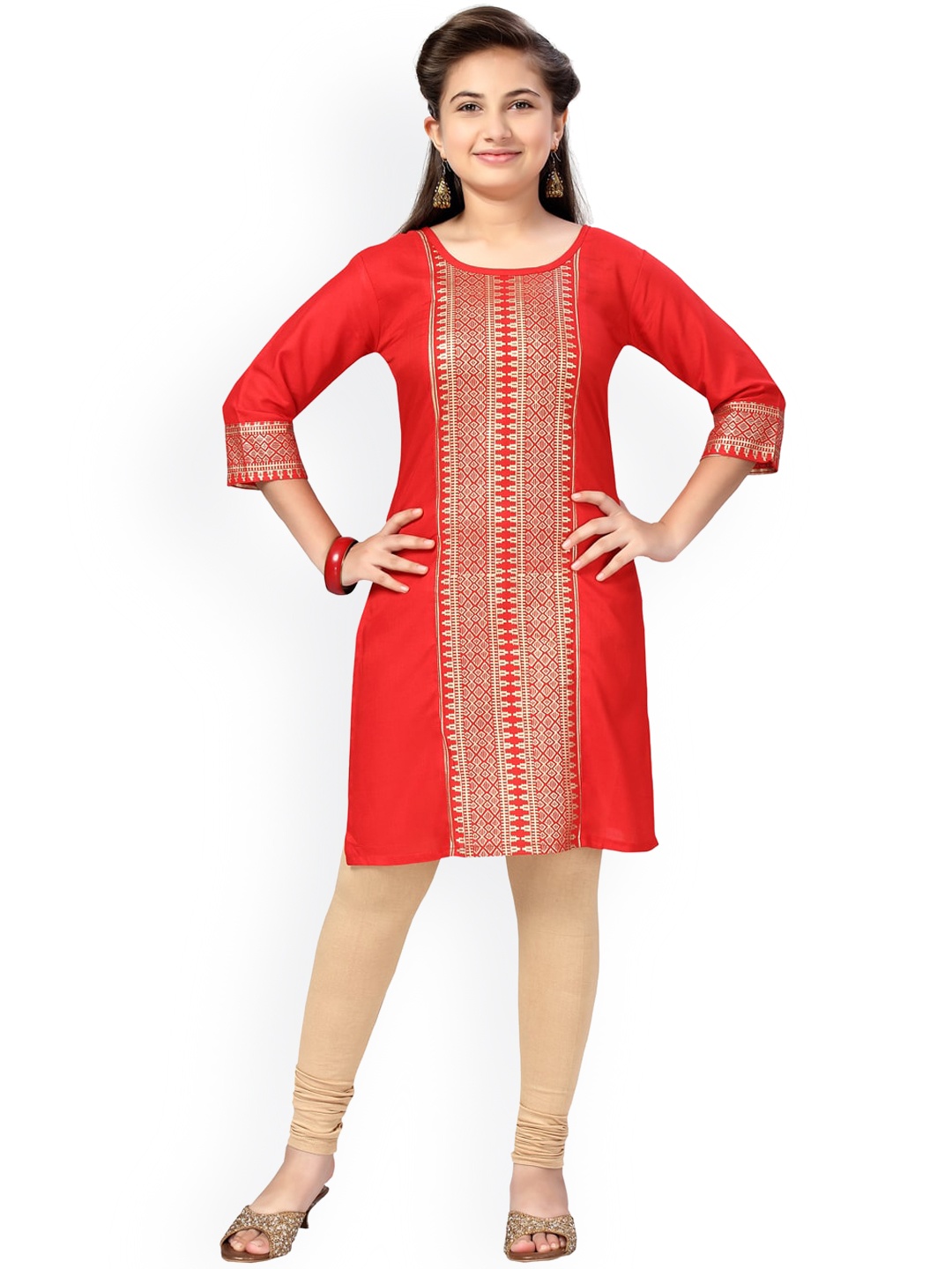 

Aarika Girls Geometric Printed Pure Cotton Kurta & Leggings, Red