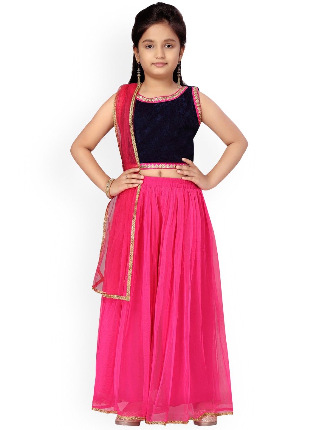 

Aarika Girls Navy Blue & Pink Ready to Wear Lehenga & Blouse With Dupatta