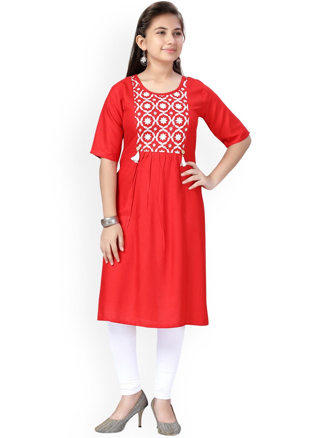 

Aarika Girls Red Floral Panelled Pure Cotton Kurta with Churidar