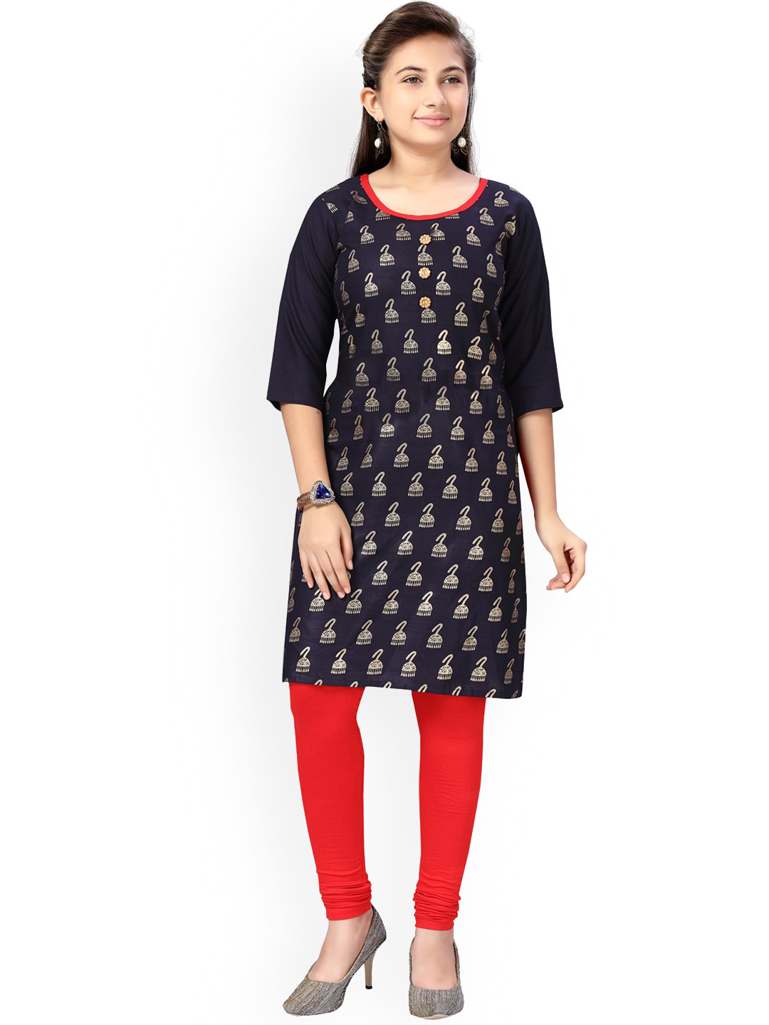 

Aarika Girls Navy Blue Ethnic Motifs Printed Kurta