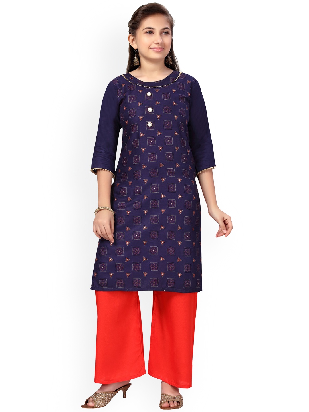 

Aarika Girls Navy Blue Ethnic Motifs Embroidered Pure Cotton Kurti with Palazzos