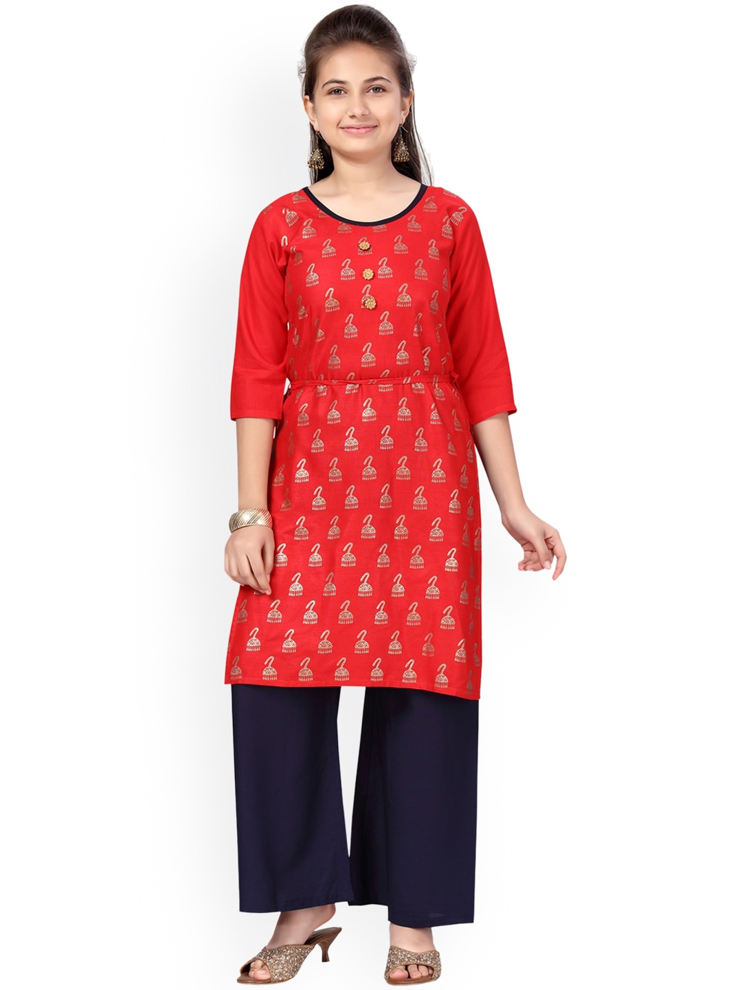 

Aarika Girls Red Ethnic Motifs Printed Pure Cotton Kurta with Palazzos