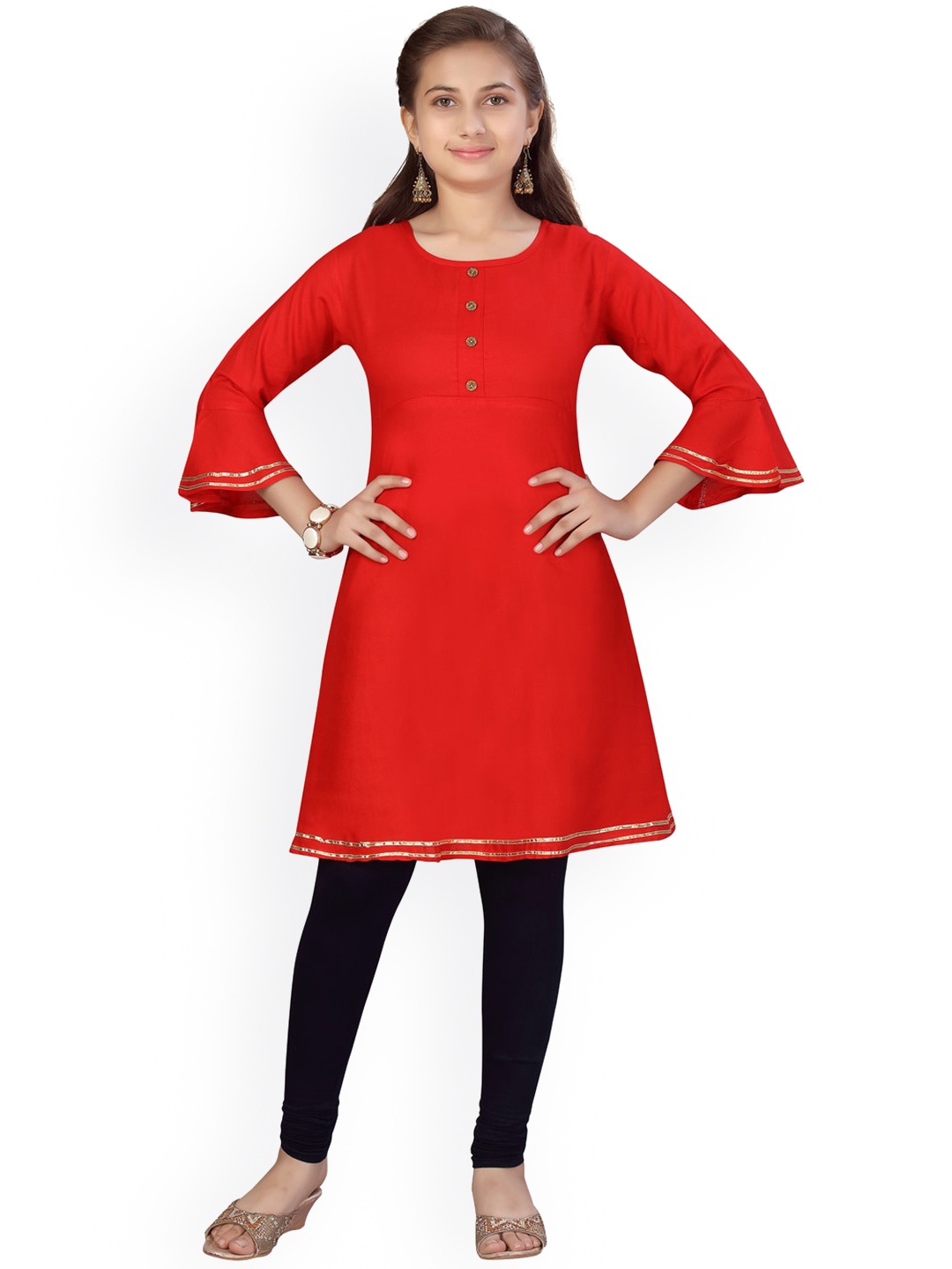 

Aarika Girls Red Bell Sleeves Cotton Kurta