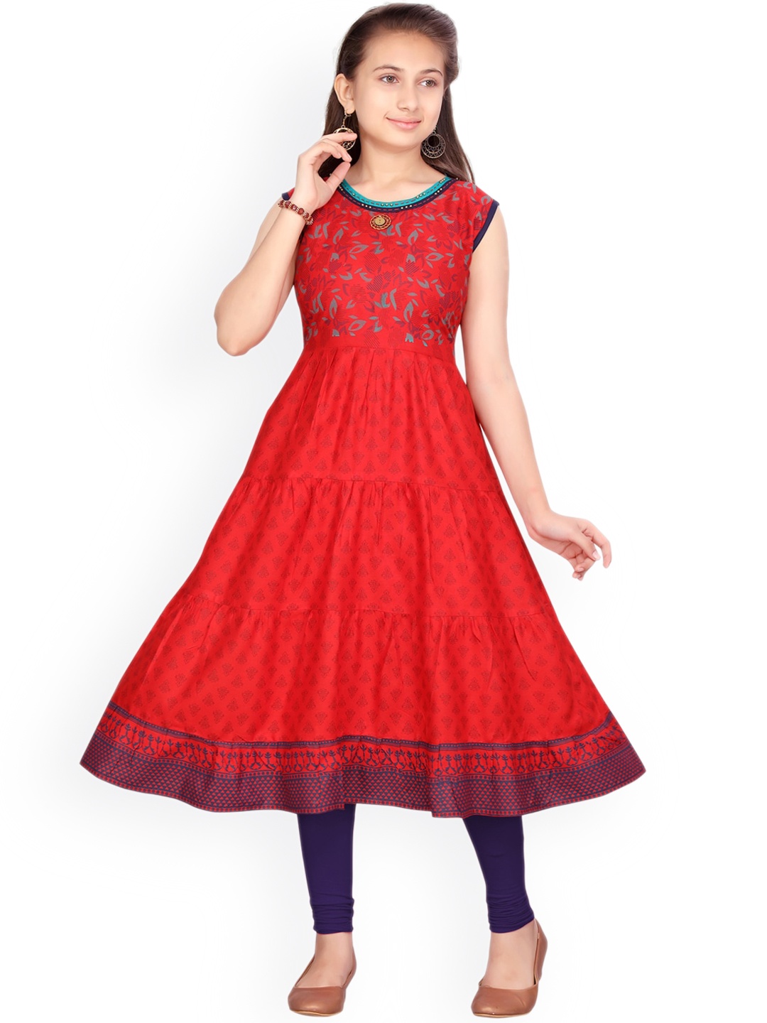 

Aarika Girls Red Ethnic Motif Print Anarkali Kurta