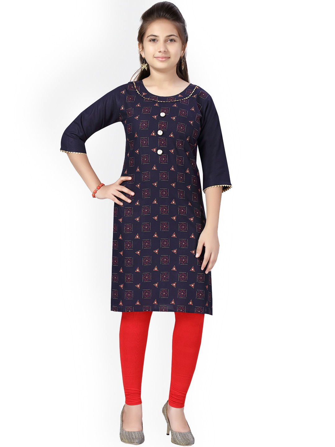 

Aarika Girls Navy Blue Ethnic Motifs Printed Pure Cotton Kurti with Trousers