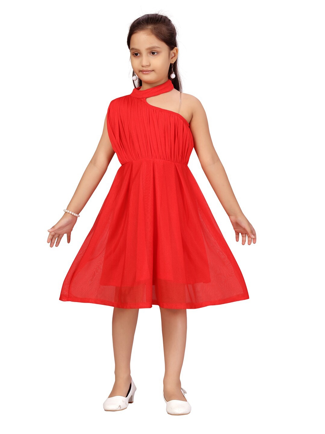 

Aarika Girls Red Choker Neck Net Dress