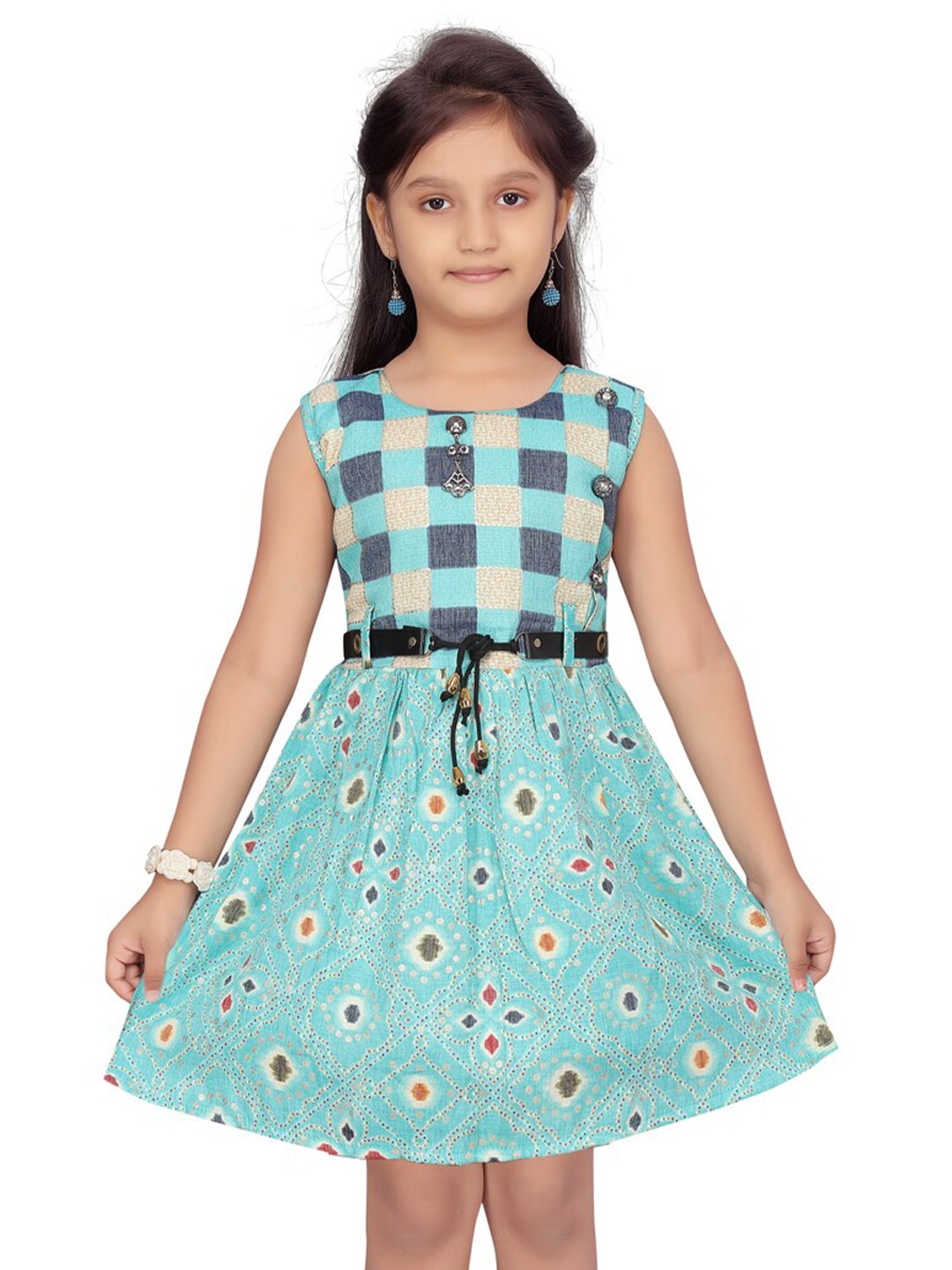 

Aarika Blue Floral Checked Cotton Dress
