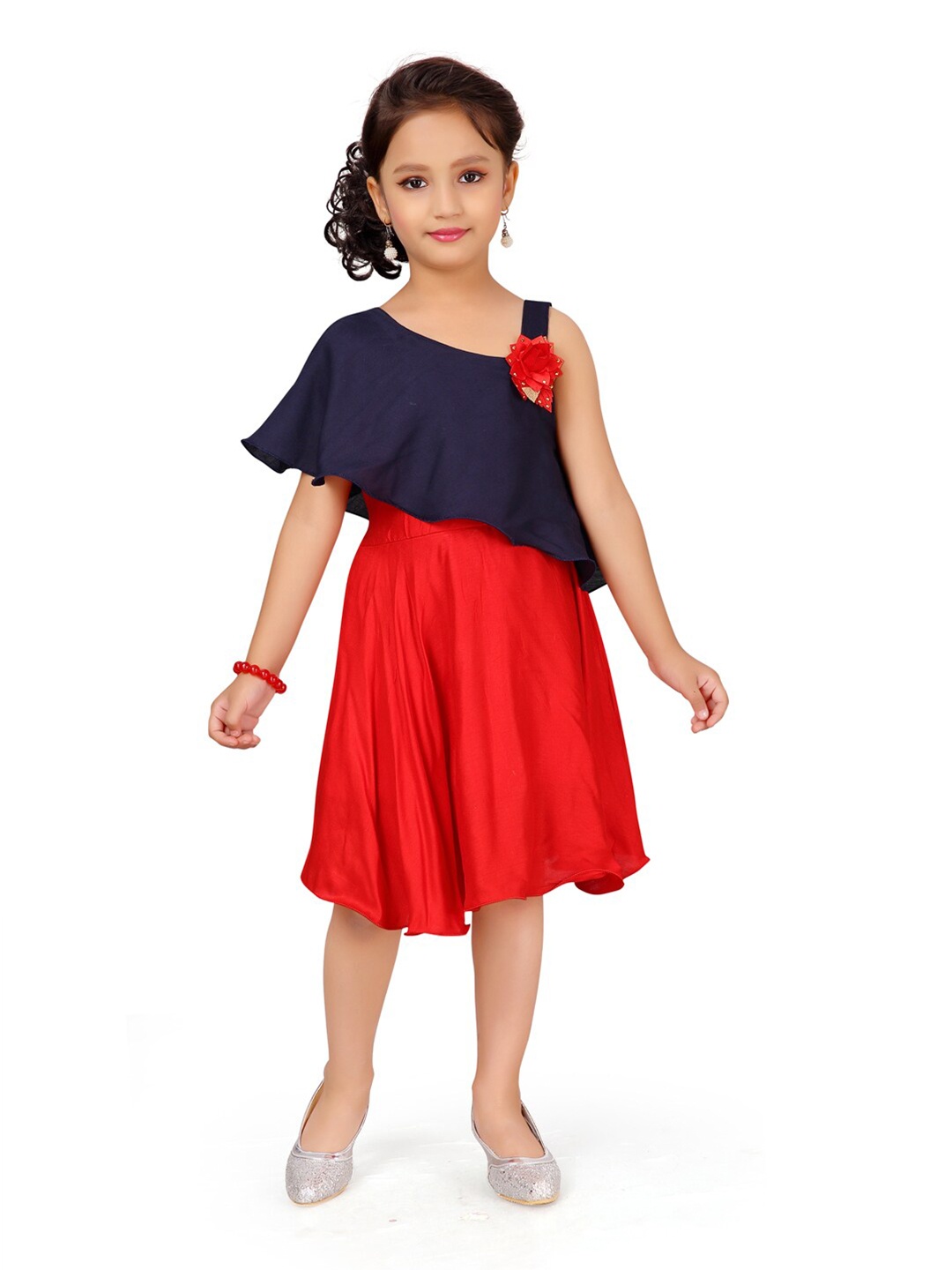 

Aarika Girls Navy Blue & Red Floral One Shoulder A-Line Cotton Dress