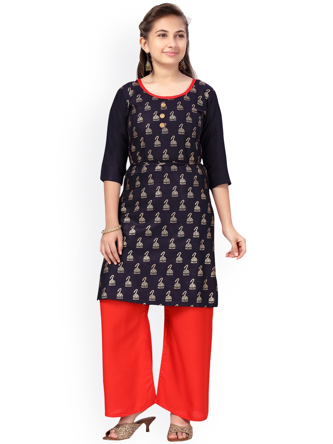 

Aarika Girls Navy Blue Ethnic Motifs Printed Pure Cotton Kurta with Palazzos