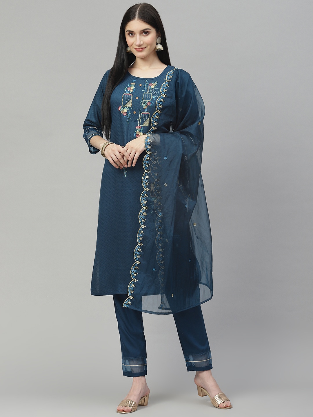 

SheWill Women Teal Ethnic Motifs Embroidered Kurta with Trousers & With Dupatta