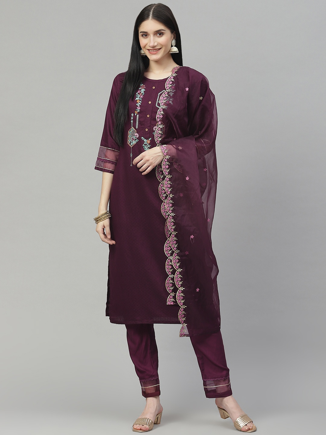 

SheWill Women Burgundy Ethnic Motifs Embroidered Kurta with Trousers & With Dupatta