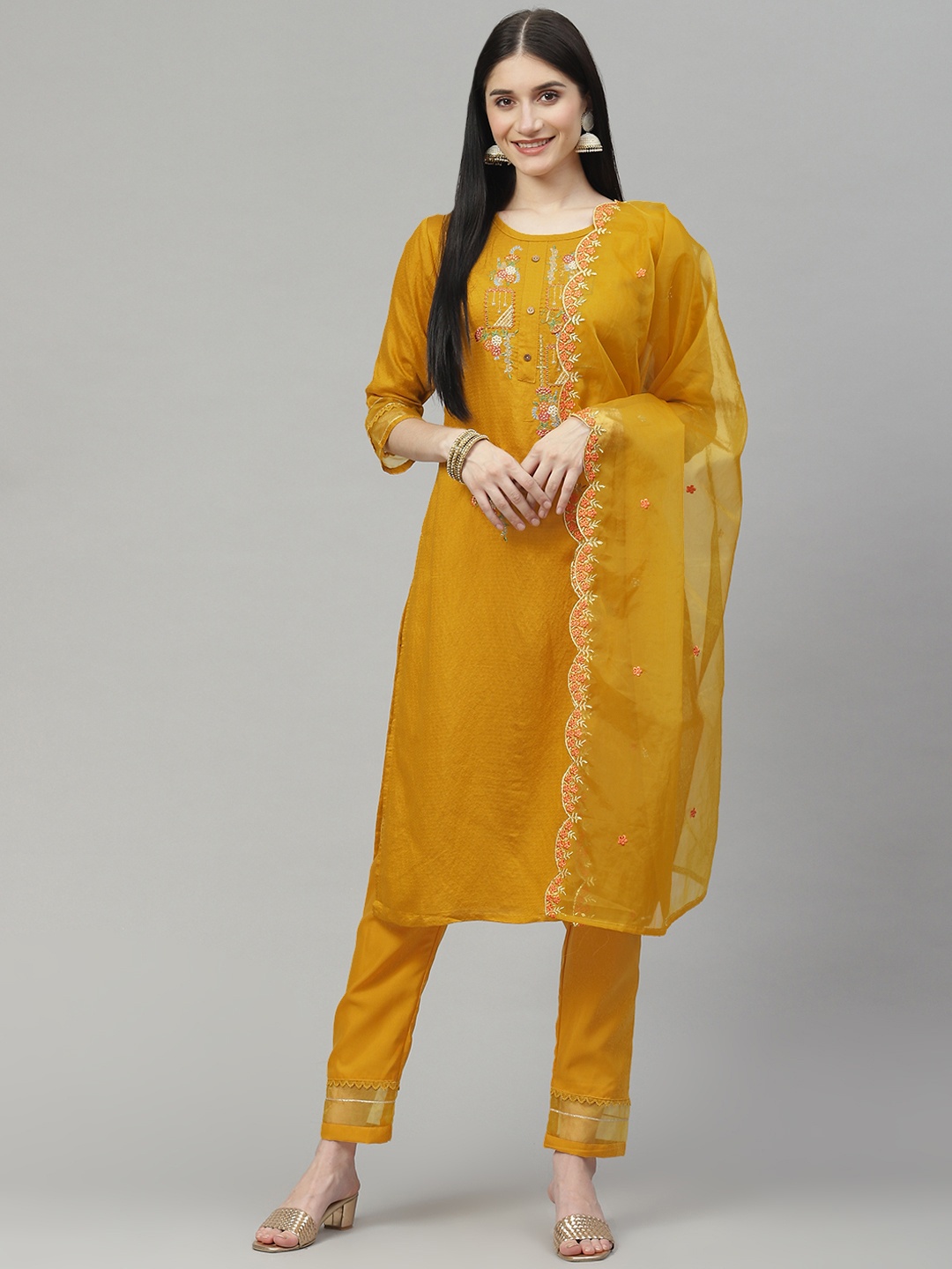 

SheWill Women Mustard Yellow Ethnic Motifs Embroidered Kurta with Trousers & With Dupatta