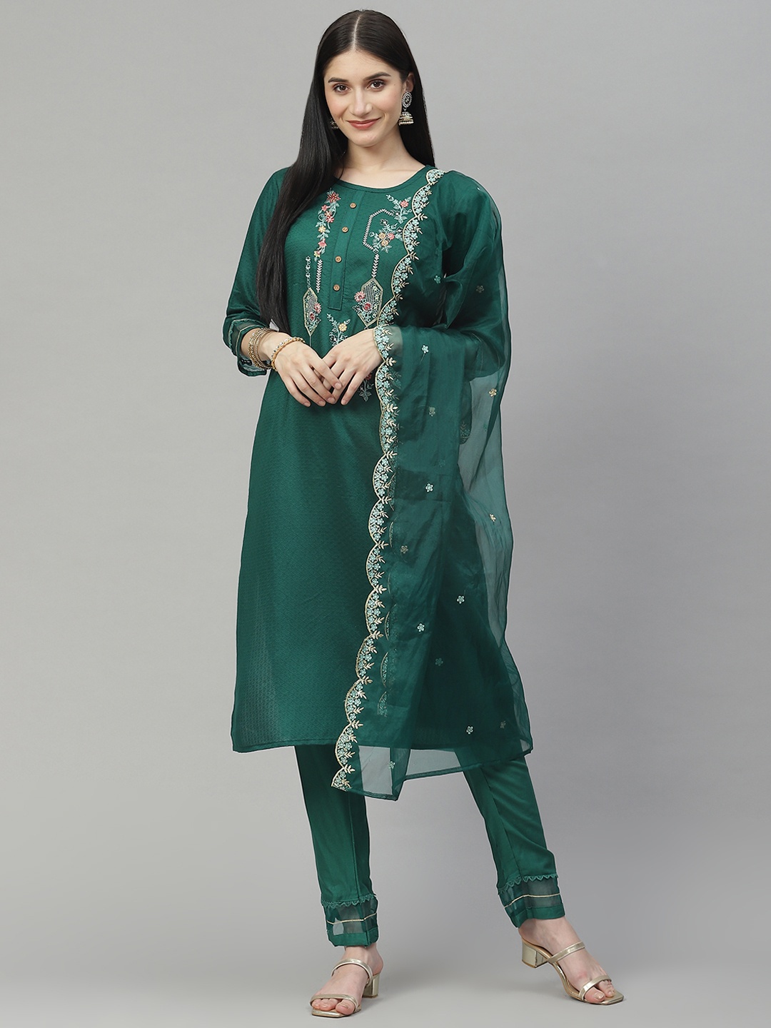 

SheWill Women Green Ethnic Motifs Embroidered Kurta with Trousers & With Dupatta