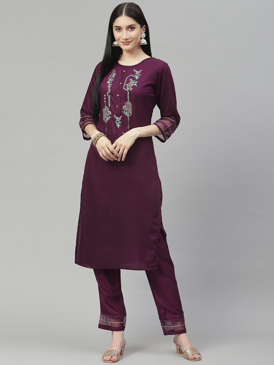 

SheWill Women Purple Ethnic Motifs Embroidered Kurta with Trousers
