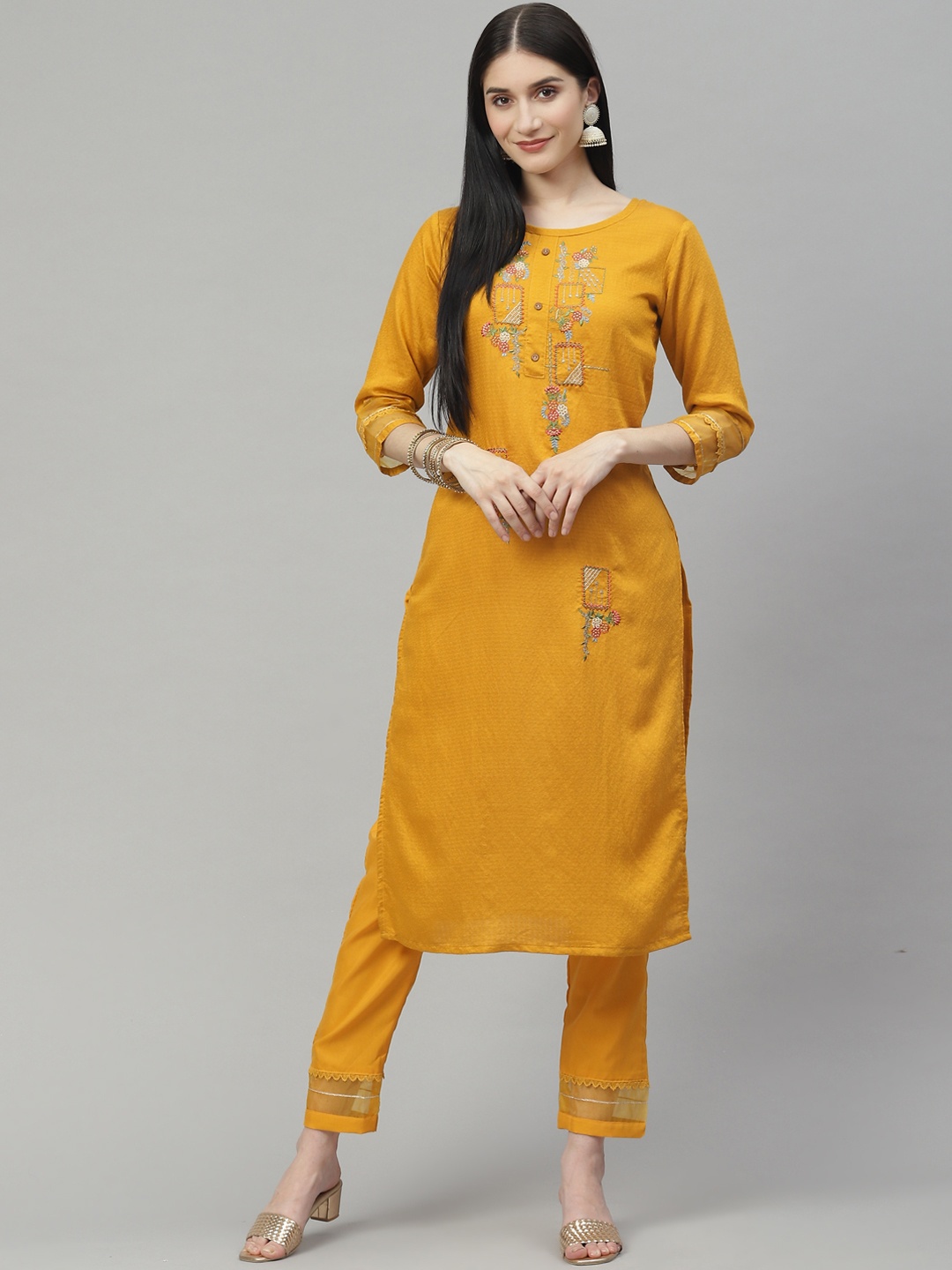 

SheWill Women Mustard Yellow Ethnic Motifs Embroidered Kurta with Trousers