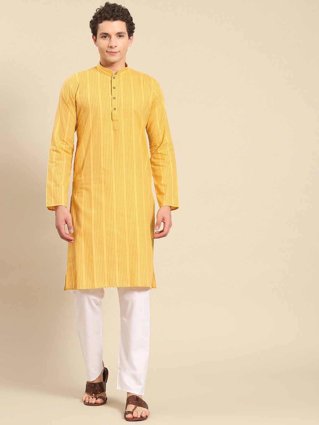 

RAJUBHAI HARGOVINDAS Men Yellow Striped Pure Cotton Kurta