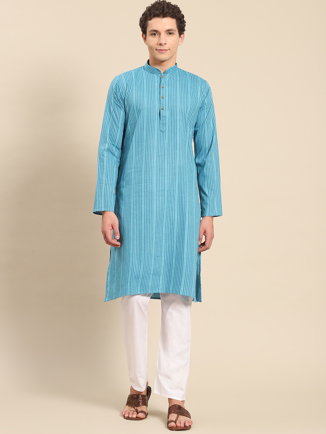 

RAJUBHAI HARGOVINDAS Men Blue Striped Pure Cotton Kurta