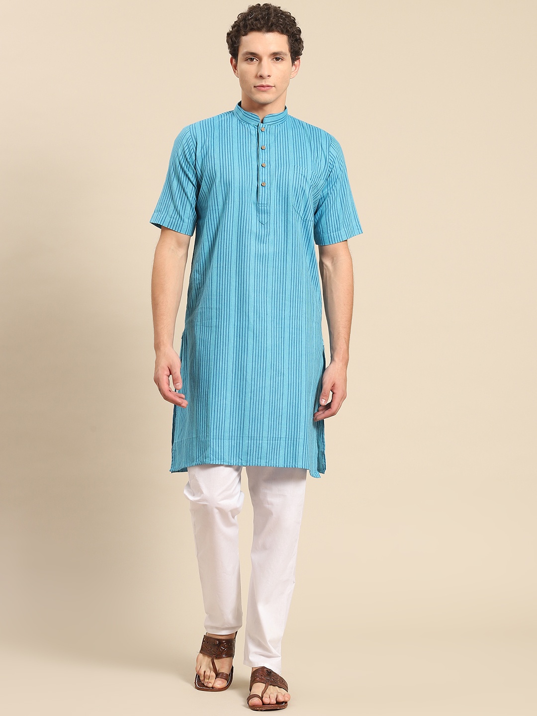 

RAJUBHAI HARGOVINDAS Men Blue Striped Pure Cotton Kurta