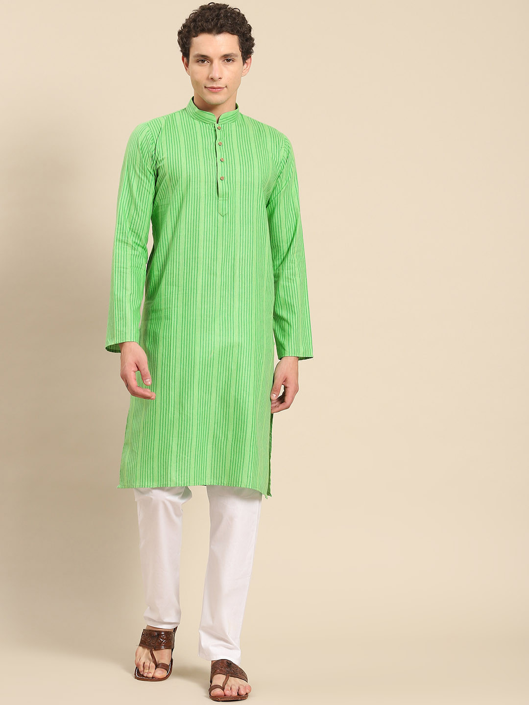 

RAJUBHAI HARGOVINDAS Men Green Striped Pure Cotton Kurta