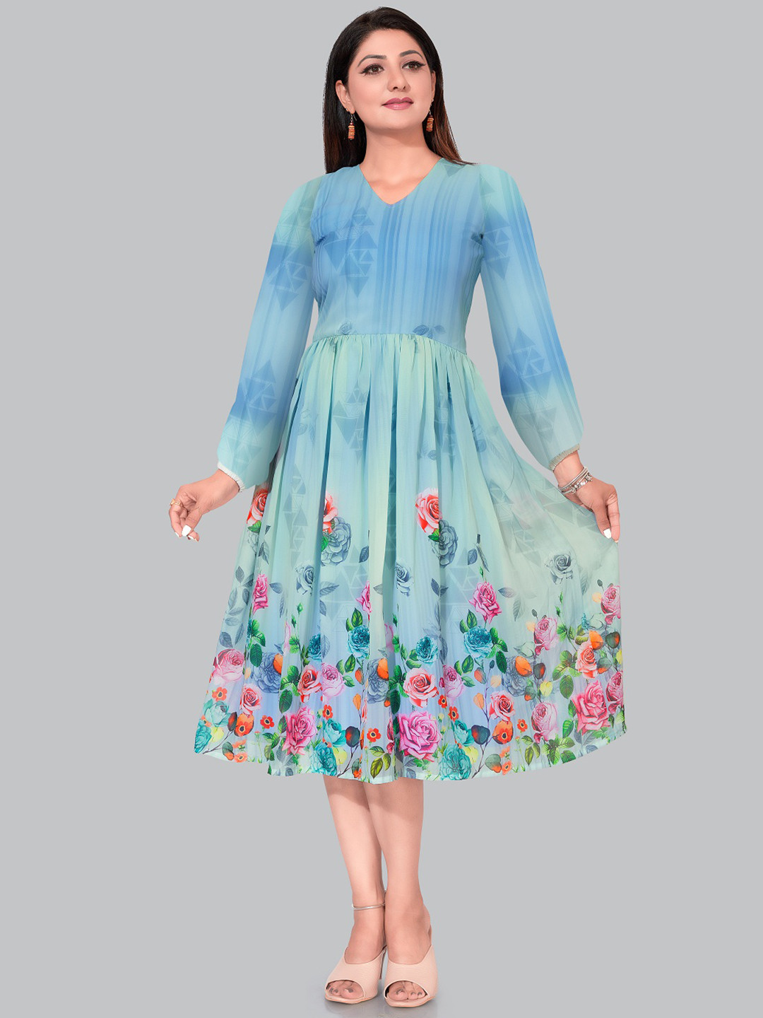 

Ayukti Blue & Pink Floral Printed Georgette Midi Dress