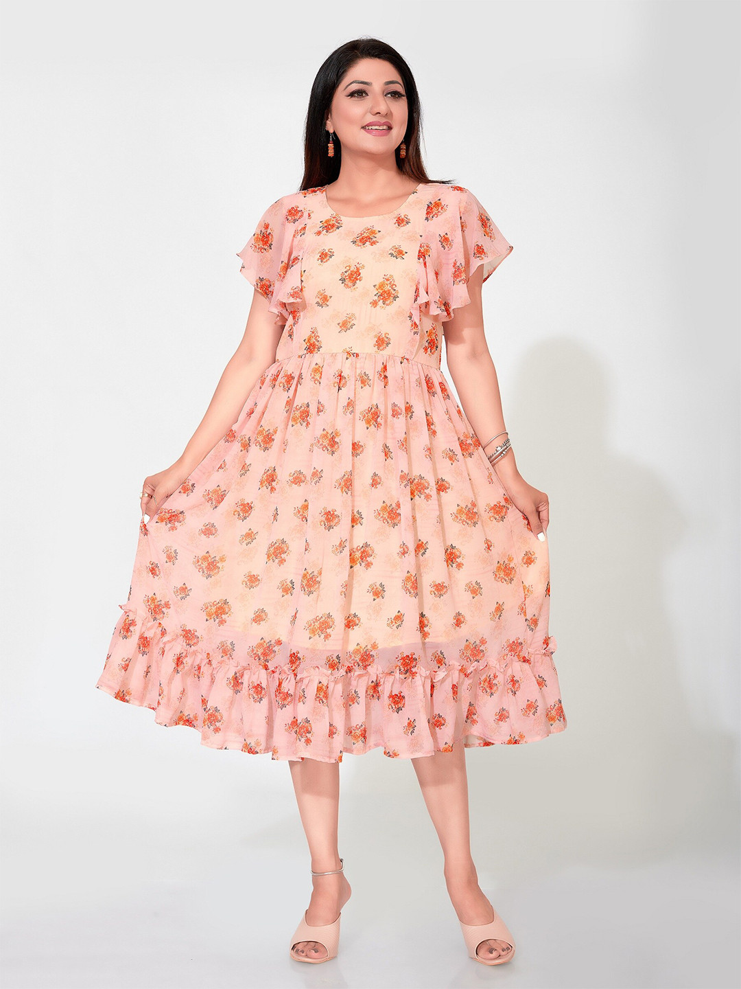 

Ayukti Peach-Coloured Floral Georgette Dress