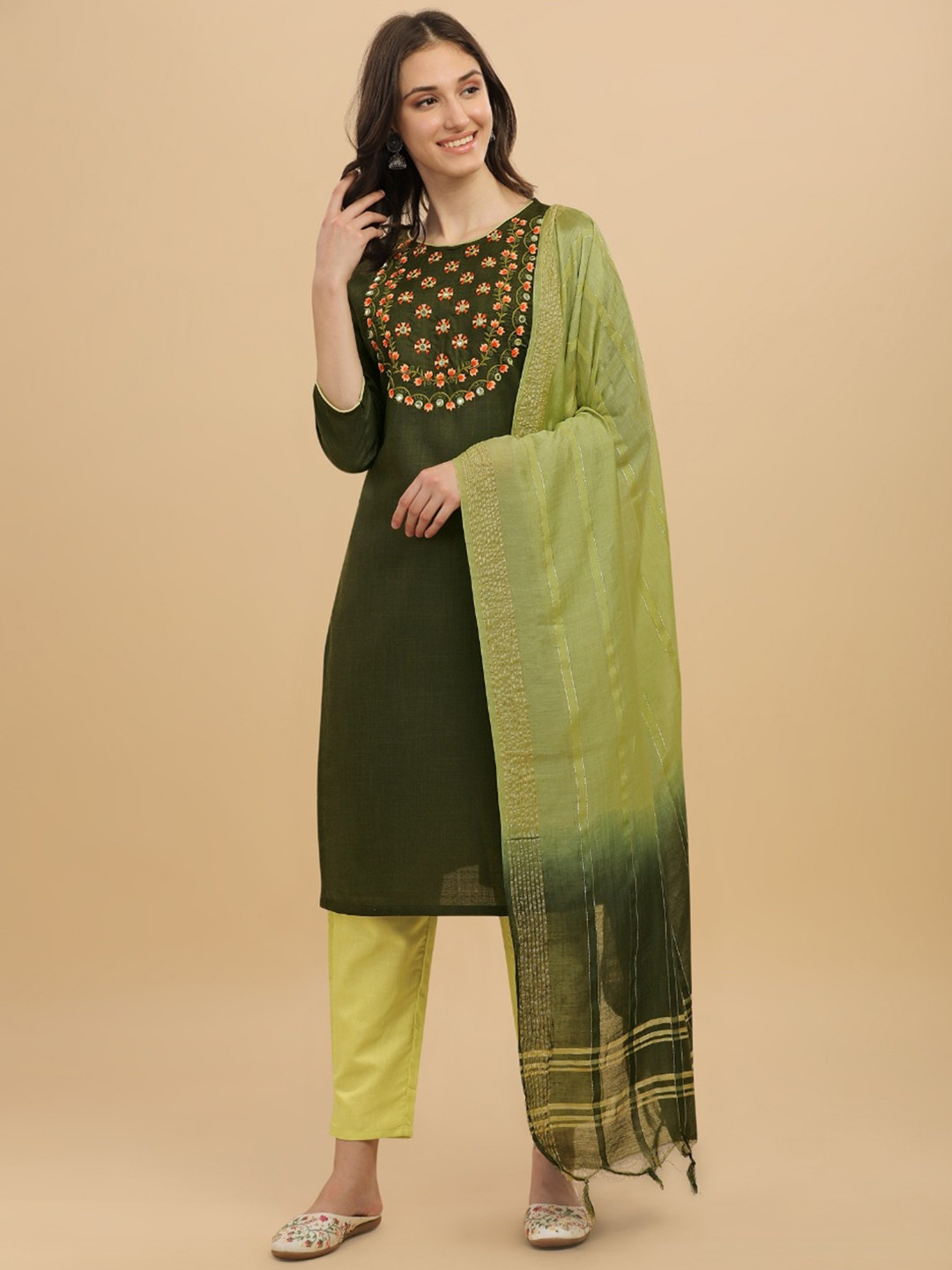 

MORLY Women Floral Yoke Design Kurta with Trousers & With Dupatta, Green