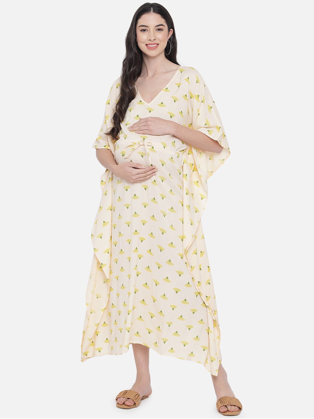 

Aujjessa Cream-Coloured Floral Maternity Kaftan Midi Dress