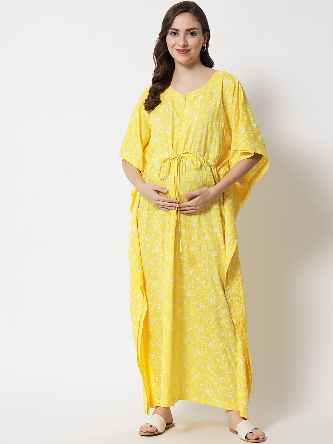 

Aujjessa Yellow Floral Maternity Kaftan Maxi Dress