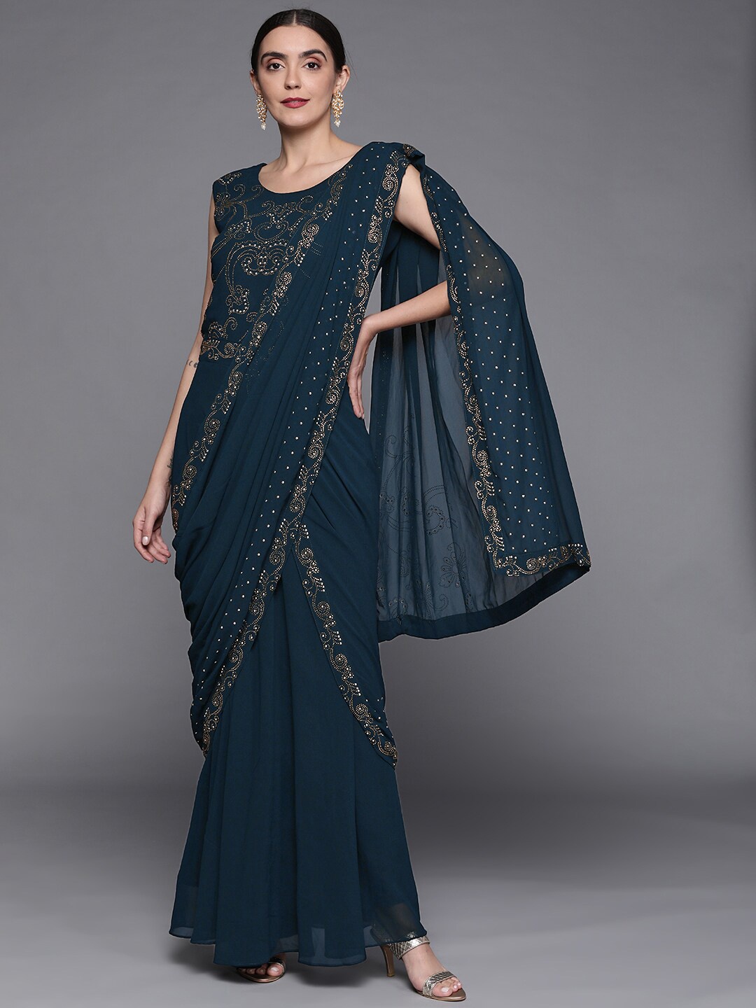 

Chhabra 555 Navy Blue Pure Georgette Pre-Draped Saree Gown With Attached Dupatta