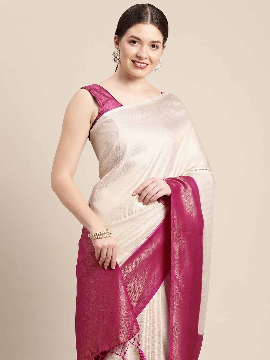 

Pothys Cream-Coloured & Magenta Woven Design Art Silk Banarasi Saree with Blouse Piece