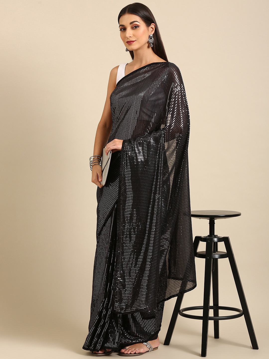 

Pothys Woman Embellished Sequinned Pure Chiffon Saree, Black