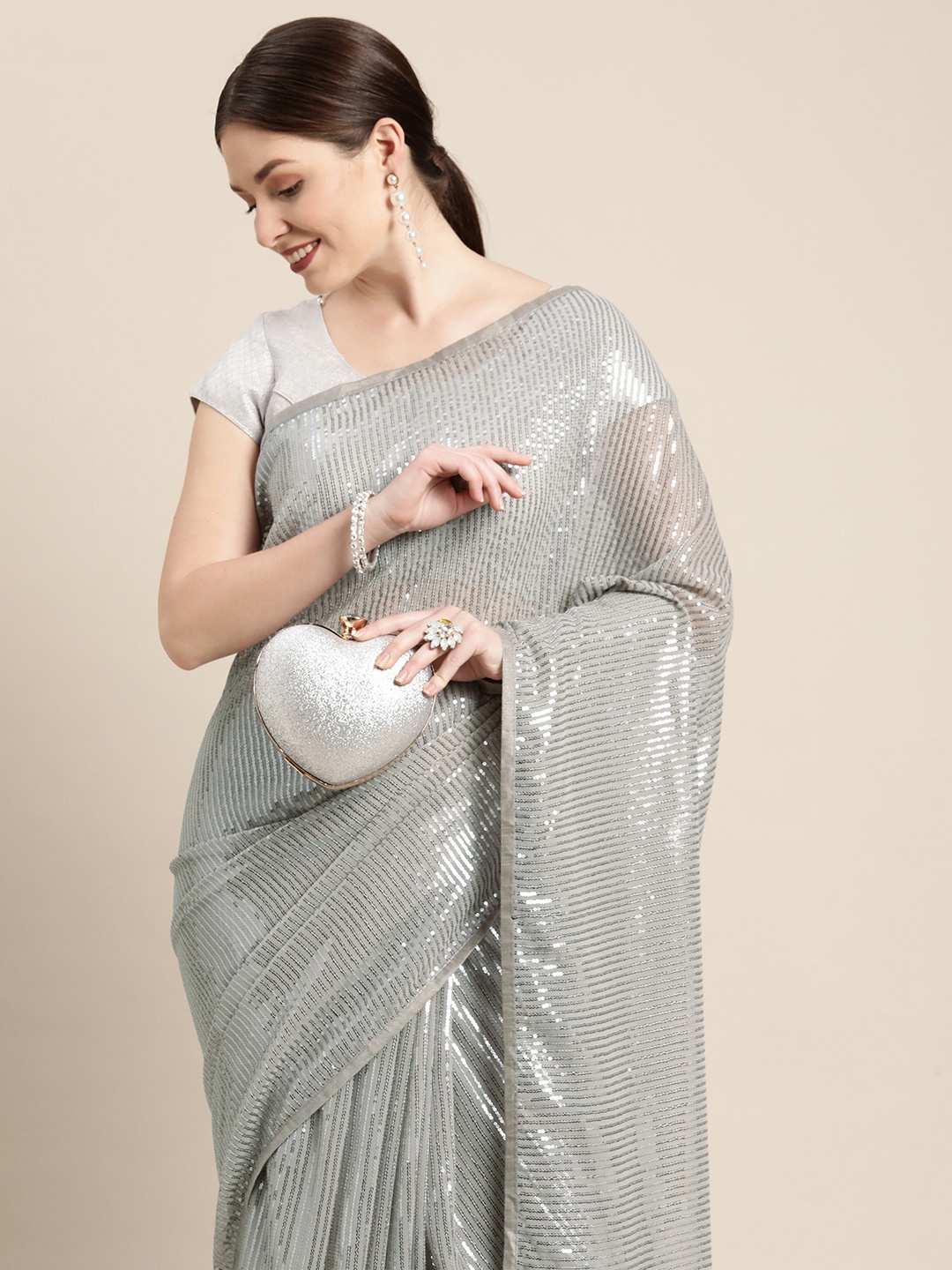 

Pothys Grey Striped Sequinned Pure Chiffon Saree