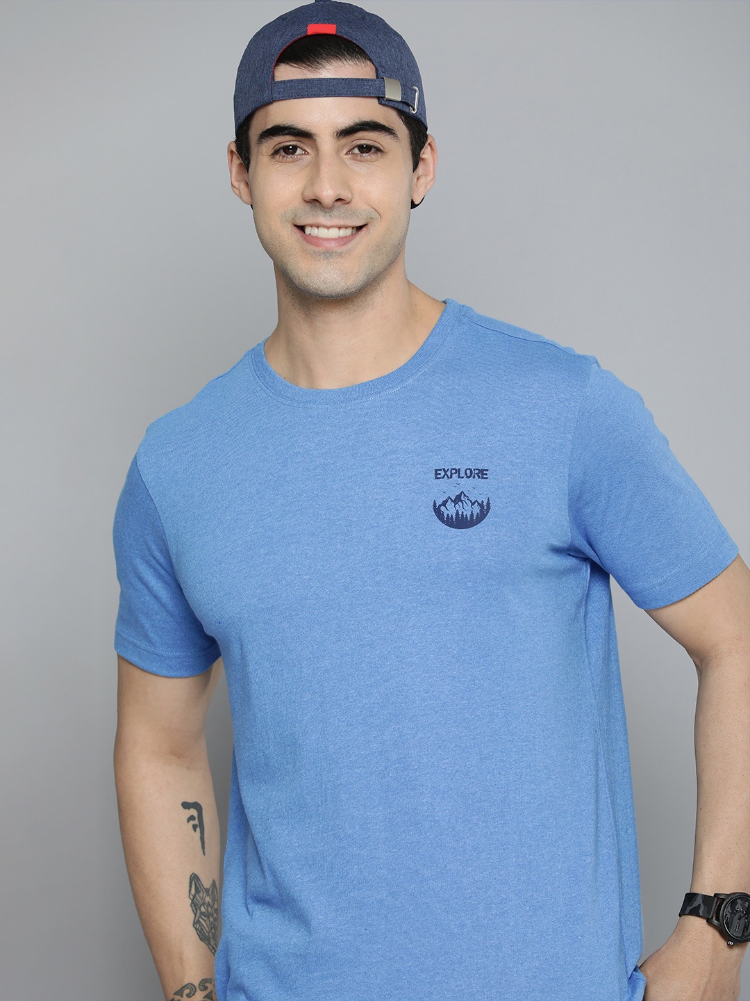 

HERE&NOW Men Blue Pure Cotton T-shirt