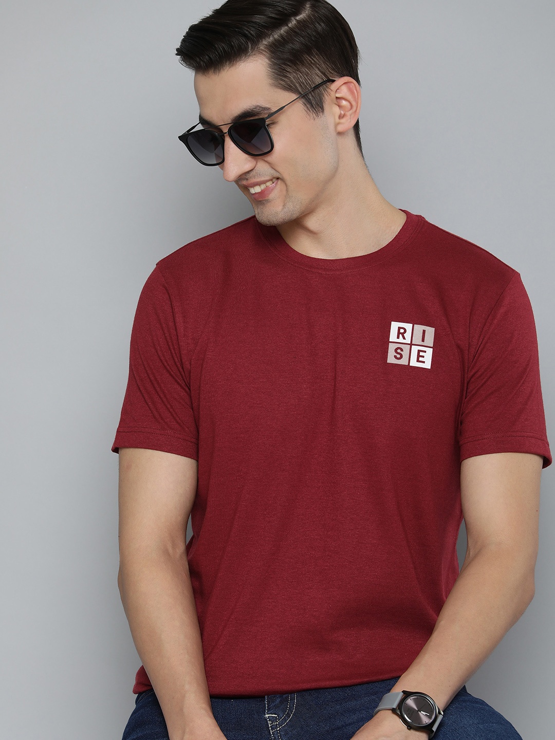 

HERE&NOW Men Maroon Solid Pure Cotton T-shirt