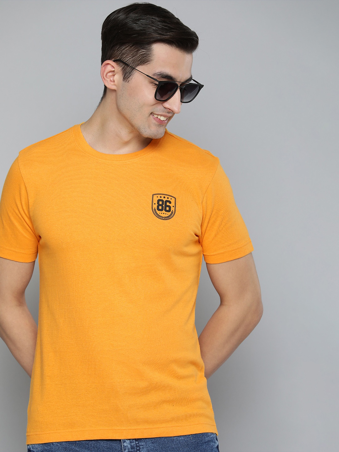 

HERE&NOW Men Mustard Yellow Pure Cotton T-shirt