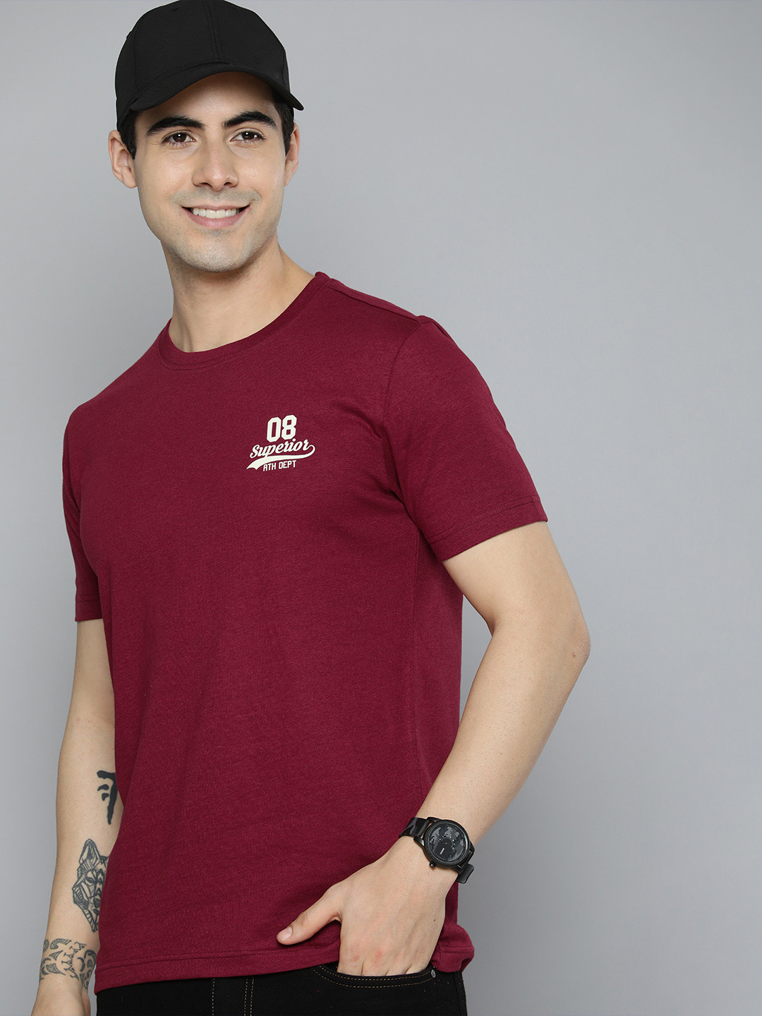 

HERE&NOW Men Maroon Pure Cotton T-shirt